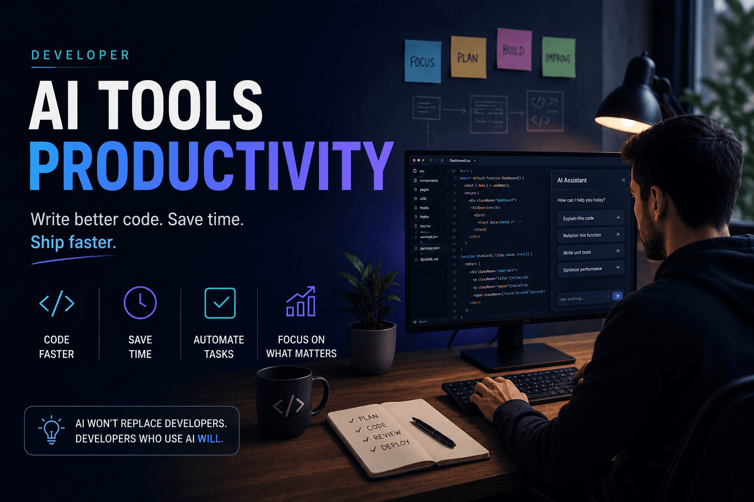 Developer using AI productivity tools in a modern coding workspace with dual monitors and futuristic interface.